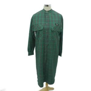 シャツワンピース バンドカラー ONE マルチカラー 緑 グリーン チェック柄 ロング丈 ロゴプリント