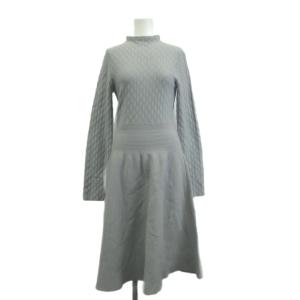 ニットワンピース 38 ブルーグレー 菱形模様 モックネック フレア ロング丈 ミモレ丈 長袖 /AY