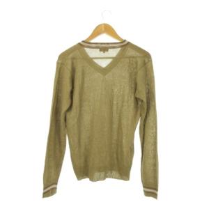 Paul Smith COLLECTION サマーニット セーター 麻 リネン L ベージュ 茶 ブラウン Vネック 長袖 ライン入り /CK32