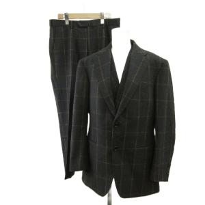 スリーピーススーツ フォーマル ジャケット ベスト パンツ ウール 44L グレー 茶 ブラウン チェック柄