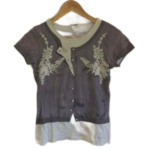 Tシャツ M 灰色 グレー 半袖 花柄刺繍 前開き /KM ECA004