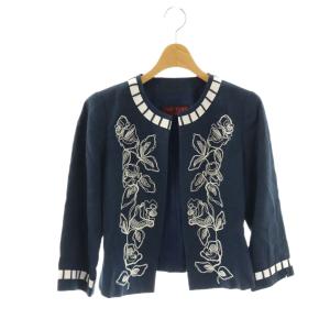 ノーカラージャケット 上着 麻 リネン M ネイビー ブルー 花柄刺繍 七分袖 /OK OS ECB004