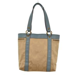 COACH トートバッグ シグネチャー ロゴデザイン キャンバス レザー アイボリー ベージュ 水色 ECB004