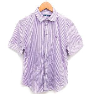 国内正規品 シャツ ブラウス ストライプ ロゴ刺? 比翼仕立て 半袖 8 パープル ホワイト 紫 白 /TT