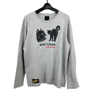 黒猫プリント クルーネック 長袖 Tシャツ カットソー コットン 3(M) 灰色 グレー /MZ ECD004