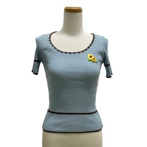 リブニット 半袖 カットソー ひまわり刺繍  26/40 水色 ライトブルー  /MZ ECD004