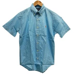 半袖シャツ ギンガムチェック コットン ボタンダウン  カスタムフィット  M/15.5 水色 ライトブルー