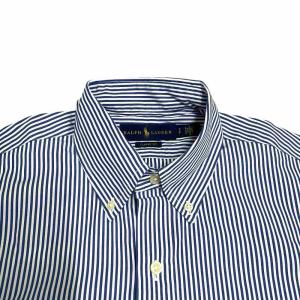 RALPH LAUREN 美品 ボタンダウンシャツ CLASSIC FIT ストライプ柄 半袖 SP 青 ブルー 綿100%  /TD