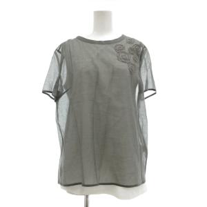 美品 Tシャツ ブラウス 絹 シルク混  L グレー 白 ホワイト 半袖 ラウンドネック 花モチーフ装飾