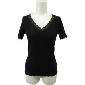 カットソー 黒 ブラック Vネック 半袖 レース装飾 Tシャツ トップス リブ編み /PP ECA005