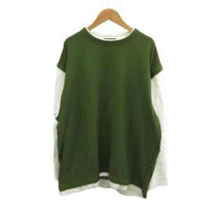 レイヤード風Tシャツプルオーバー M オリーブグリーン 白 ホワイト レイヤードデザイン ラウンドネック