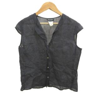 シャツ ブラウス 麻 リネン 36 黒 ブラック Vネック 半袖 ボタン留め /NP GY53