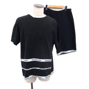 国内正規品 セットアップ Tシャツ 半袖 ハーフ パンツ ロゴテープ コットン 綿 M-L ブラック 黒