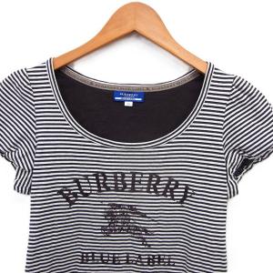 BURBERRY BLUE LABEL 国内正規品 ボーダー Tシャツ カットソー パフスリーブ ロゴプリント コットン 綿 38 ブラウン 茶