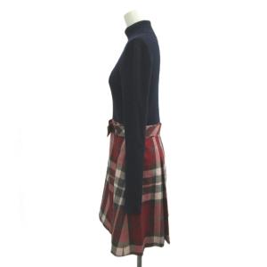 BURBERRY BLUE LABEL ワンピース ウール 38 紺 ネイビー 赤 レッド タートルネック 長袖 チェック柄 ミニ丈 /MD ECD005