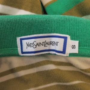 YVES SAINT LAURENT ポロシャツ フライス 天竺 S 茶 ブラウン 緑 グリーン ボーダー柄 レギュラーカラー 半袖 /CK24