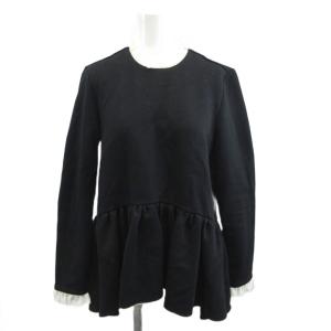 レース襟カットソー トップス F 黒 ブラック ラウンドネック 長袖 ペプラム裾 /YU ECA006