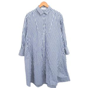 シャツワンピ ワンピース ロング ストライプ 綿 コットン 長袖 FREE ブルー ホワイト 青 白 /TT