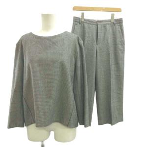 ブラウス クロップドパンツ セットアップ 38 40 黒 ブラック 白 ホワイト 千鳥格子柄 ラウンドネック