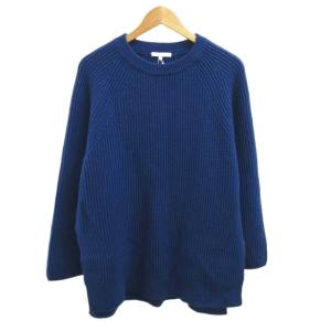 長袖リブ編みニット セーター ウール 44 青 ブルー リブ編み ラウンドネック 長袖 ECC006 /SH