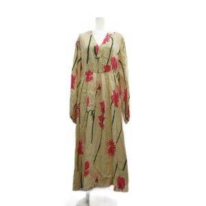 ワンピース 36 ベージュ 花柄 Vネック 長袖 ロング丈 /KK GY70