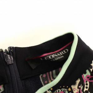 LEONARD FASHION ワンピース ひざ丈 七分袖 カンカン素材 ペイズリー柄 ハイネック 36 ブラック