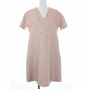 2015年製 ツイード 半袖 ワンピース ひざ丈 Vネック 36 XS ピンクベージュ