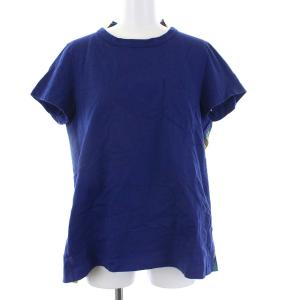 18年製 バックプリーツ 半袖 カットソー チェック 切替 3 L 青 ブルー マルチカラー 18-03869