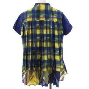 sacai 18年製 バックプリーツ 半袖 カットソー チェック 切替 3 L 青 ブルー マルチカラー 18-03869