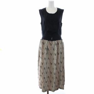 ノースリーブワンピース ロング 切替 花柄 刺繍 M ブラック ベージュ