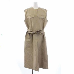 21SS コットンナイロンケヌキノーカラーロングジレ ベスト 裏地チェック 38 ベージュ