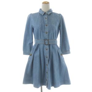 デニムワンピース ひざ丈 タックフレア 七分袖 ベルト 38 ライトブルー
