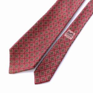 HERMES ネクタイ 総柄 絹 シルク100％ 赤 茶 レッド ブラウン