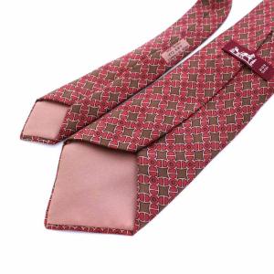 HERMES ネクタイ 総柄 絹 シルク100％ 赤 茶 レッド ブラウン