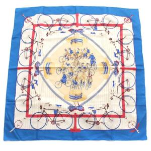 HERMES カレ90 LES BECANES スカーフ 大判 シルク100％ サテン フランス製 青 ブルー