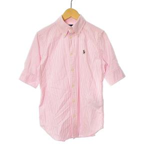 シャツ ボタンダウン 半袖 ストライプ ロゴ刺繍 コットン XS ピンク