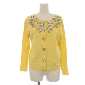カーディガン ビジュー フラワーモチーフ 七分袖 36 イエロー