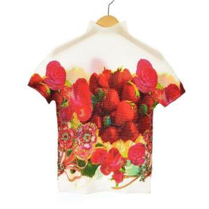 Tシャツ ハイネック フルーツ いちご柄 白 赤