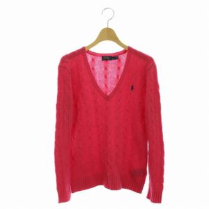 ニット セーター Vネック ワンポイント ロゴ 刺繍 ケーブル編み 長袖 S ピンク
