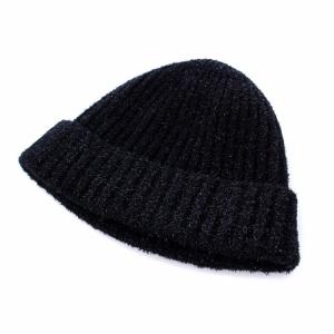 MARK&LONA ニット帽 ニットキャップ ビーニー ラメ ロゴワッペン F 黒 ブラック MLF-0D-FC19