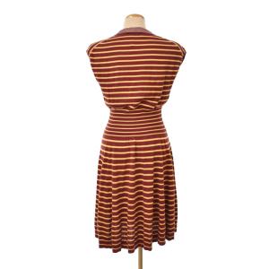 PRADA 14SS ニット ワンピース ノースリーブ クルーネック ひざ丈 フレア ボーダー 36 茶 ブラウン 123178