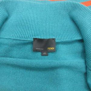 FENDI ニットカーディガン 長袖 ジップアップ ハイネック カシミヤ混 ライン ワッペン 46 ターコイズ