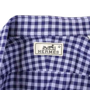 HERMES ギンガムチェック ボタンダウンシャツ 長袖 セリエボタン 40 L ブルー