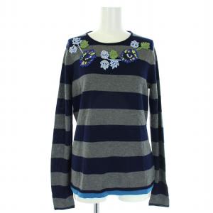 ニット セーター 刺繍 フラワー ボーダー 長袖 S グレー 紺 ネイビー