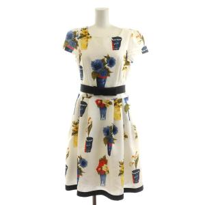 ワンピース ひざ丈 半袖 花柄 ベルト付き 38 M 白 ホワイト 青 ブルー 黄 イエロー