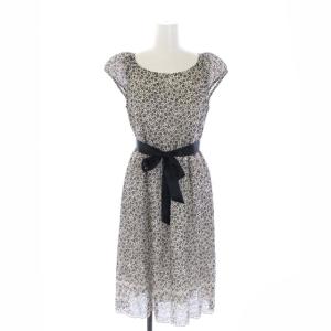 ワンピース フレア ひざ丈 ノースリーブ 花柄 シフォン リボン 38 M 黒 ブラック 白 ホワイト