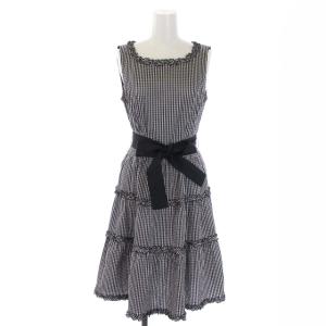 ワンピース フレア ミニ ノースリーブ ギンガムチェック フリル リボン 38 M 黒 ブラック