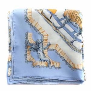 HERMES Traineaux et Hifsades ソリとスケート カレ90 スカーフ シルク 総柄 水色 ライトブルー