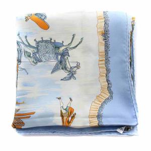 HERMES Traineaux et Hifsades ソリとスケート カレ90 スカーフ シルク 総柄 水色 ライトブルー