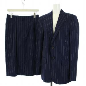 スーツ セットアップ 上下 テーラードジャケット ストライプ 総裏地 肩パット入 スカート ひざ丈 タイト 2 XS 紺 ネイビー